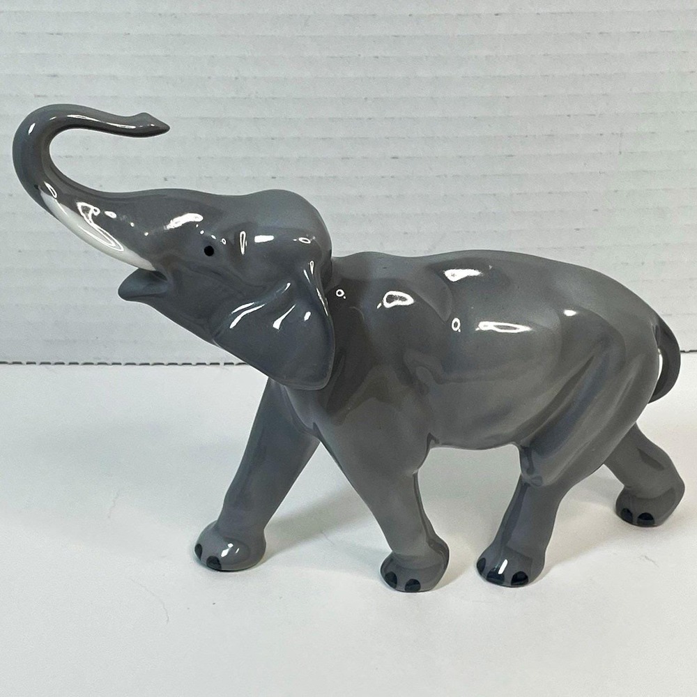 Gray Glazed Ceramic Elephant Figurine Trunk Up Approx 6 in Long
